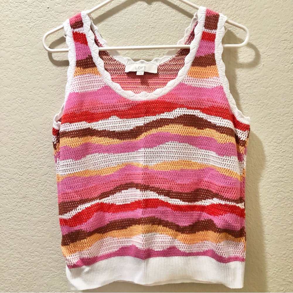 LOFT Striped Crochet Tank Top in Pink, Red, Brown & Cream